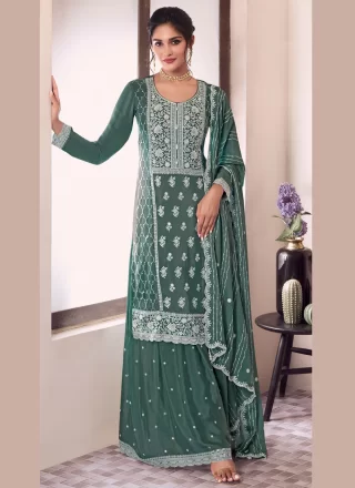 Teal Chinon Salwar Suit with Embroidered and Thread Work