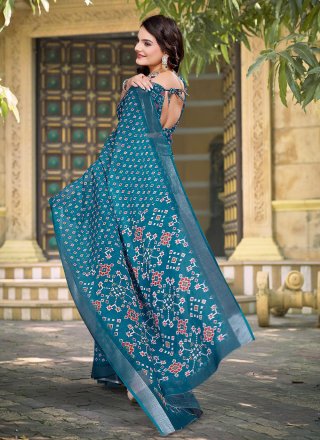 Teal Cotton Classic Sari with Digital Print Work for Casual