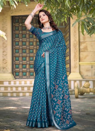 Teal Cotton Classic Sari with Digital Print Work for Casual