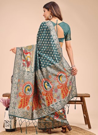 Teal Cotton Contemporary Saree with Weaving Work for Women