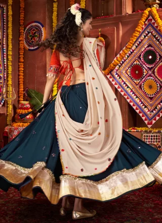 Teal Cotton Embroidered, Lace and Mirror Work Readymade Lehenga Choli for Ceremonial