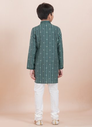 Teal Cotton Jacquard Work Kurta Pyjama for Ceremonial