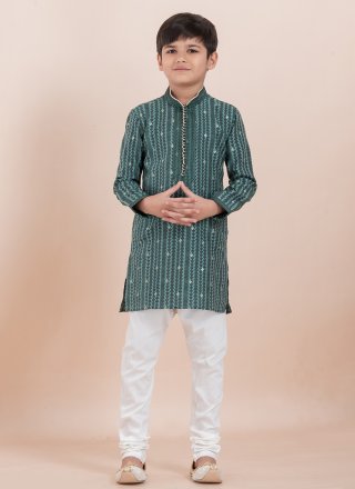 Teal Cotton Jacquard Work Kurta Pyjama for Ceremonial