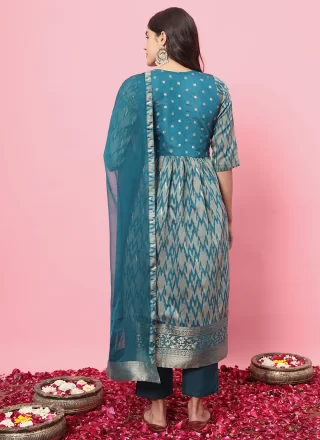 Teal Cotton Silk Embroidered and Print Work Salwar Suit for Ceremonial