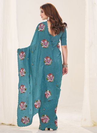 Teal Crush Contemporary Sari with Cut, Embroidered and Thread Work for Ceremonial