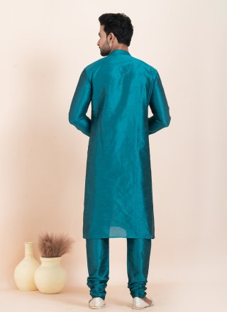 Teal Dupion Silk Plain Work Kurta Pyjama