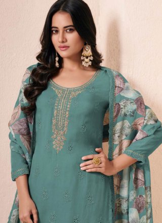 Teal Embroidered and Fancy Work Organza Salwar Suit