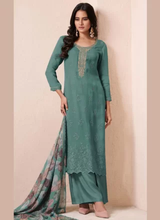 Teal Embroidered and Fancy Work Organza Salwar Suit