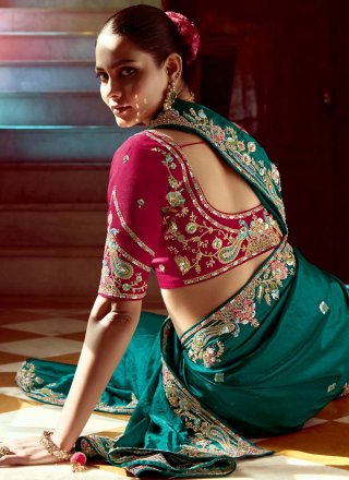 Teal Fancy Fabric Embroidered, Moti and Sequins Work Classic Sari