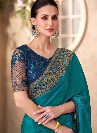 Teal Faux Chiffon Classic Sari with Patch Border, Embroidered and Lace Work for Women