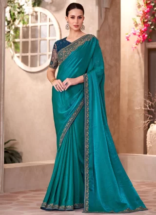 Teal Faux Chiffon Classic Sari with Patch Border, Embroidered and Lace Work for Women