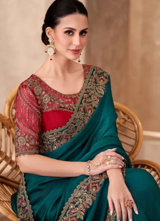 Teal Faux Georgette Patch Border and Embroidered Work Designer Sari