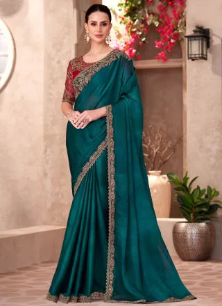 Teal Faux Georgette Patch Border and Embroidered Work Designer Sari