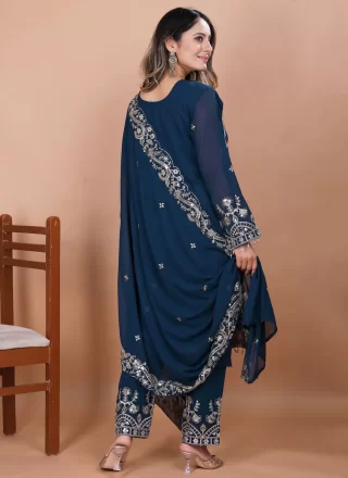 Teal Faux Georgette Readymade Salwar Suit with Cord, Embroidered and Sequins Work for Women