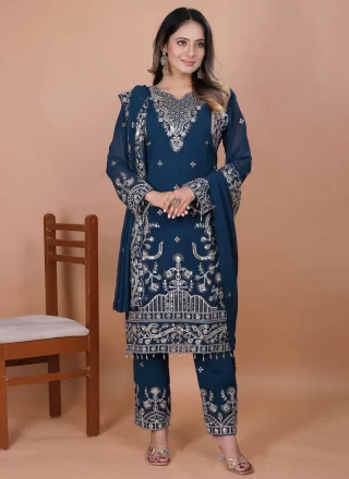 Teal Faux Georgette Readymade Salwar Suit with Cord, Embroidered and Sequins Work for Women