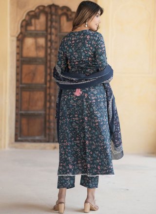 Teal Floral Patch Work Cotton Readymade Salwar Suit