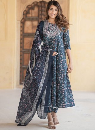 Teal Floral Patch Work Cotton Readymade Salwar Suit