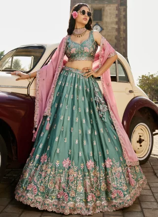 Teal Georgette A - Line Lehenga Choli with Embroidered, Sequins and Zari Work