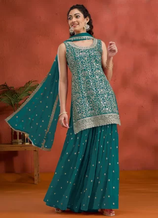 Teal Georgette Embroidered and Sequins Work Salwar Suit for Ceremonial