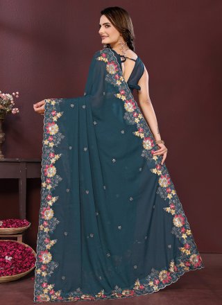 Teal Georgette Embroidered Work Classic Saree