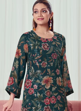 Teal Georgette Pant Style Suit with Digital Print, Resham and Sequins Work