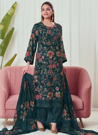 Teal Georgette Pant Style Suit with Digital Print, Resham and Sequins Work