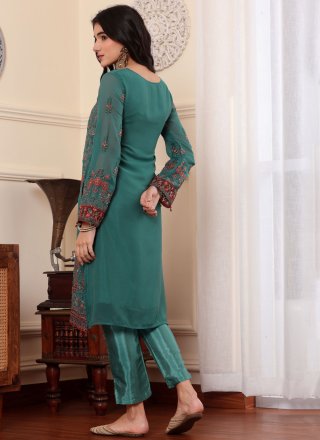 Teal Georgette Pant Style Suit with Embroidered, Stone and Zari Work