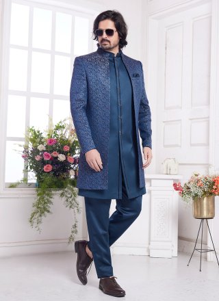 Teal Imported Indo Western with Buttons and Plain Work