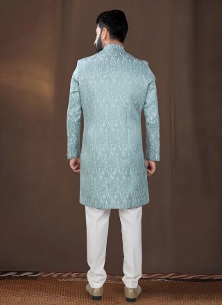 Teal Jacquard Indo Western with Woven Work