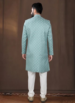 Teal Jacquard Woven Work Indo Western
