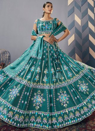 Teal JIMMY CHU Beads, Embroidered, Hand, Stone, Thread and Zari Work Readymade Lehenga Choli