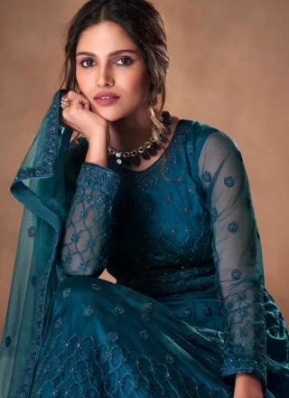 Teal Net Anarkali Suit with Sequins and Zari Work for Women
