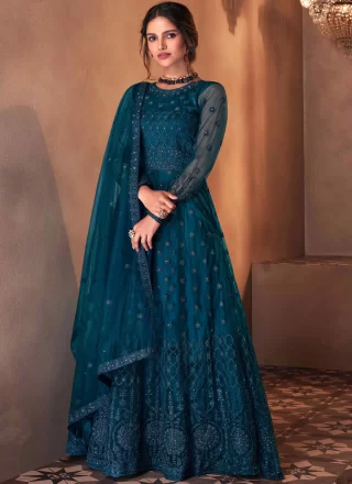 Teal Net Anarkali Suit with Sequins and Zari Work for Women