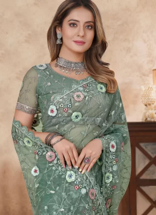 Teal Net Cut, Embroidered, Multi, Resham and Sequins Work Contemporary Sari for Ceremonial