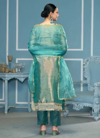 Teal Organza Pant Style Suit with Embroidered and Hand Work for Casual