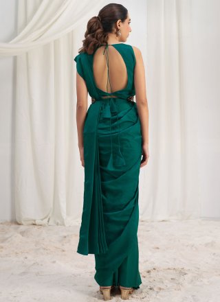 Teal Organza Plain Work Classic Sari