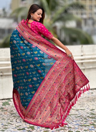 Teal Patola Silk Meenakari and Woven Work Contemporary Saree for Ceremonial