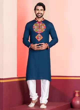 Teal Rayon Embroidered and Lace Work Kurta Pyjama for Festival