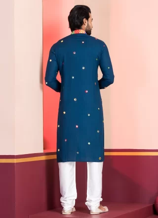 Teal Rayon Kurta Pyjama with Embroidered and Lace Work
