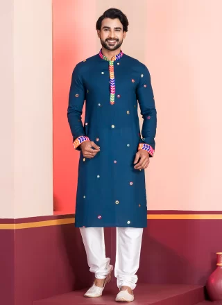 Teal Rayon Kurta Pyjama with Embroidered and Lace Work