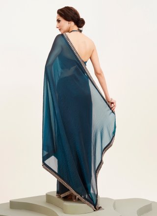 Teal Satin Classic Sari with Beads and Stone Work for Ceremonial