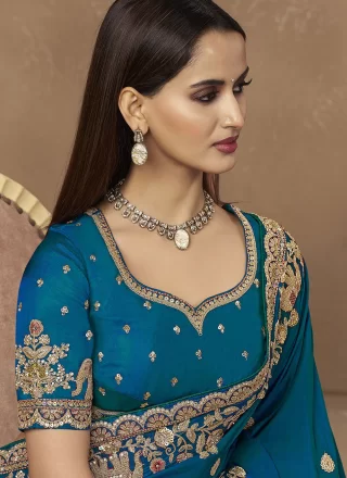 Teal Satin Classic Sari with Cord, Embroidered, Sequins and Thread Work for Ceremonial