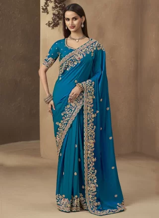 Teal Satin Classic Sari with Cord, Embroidered, Sequins and Thread Work for Ceremonial