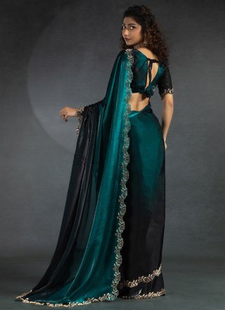Teal Satin Silk Patch Border, Cut and Swarovski Work Shaded Saree
