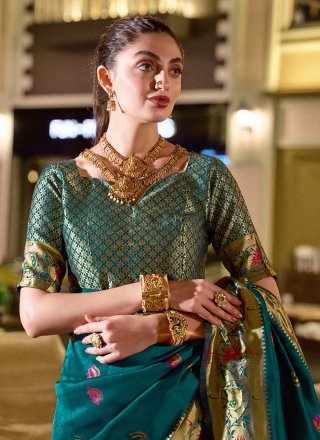 Teal Silk Blend Broches and Zari Work Classic Saree for Ceremonial