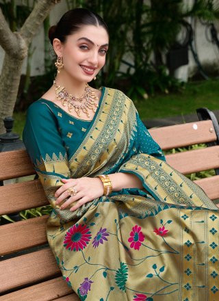 Teal Silk Blend Classic Sari with Floral Patch and Weaving Work
