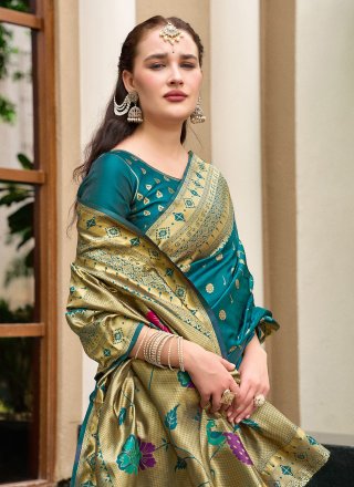 Teal Silk Blend Contemporary Saree with Floral Patch and Weaving Work