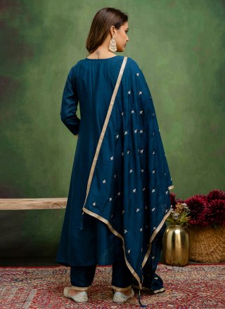 Teal Silk Blend Embroidered Work Pant Style Suit for Ceremonial