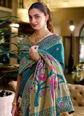 Teal Silk Blend Trendy Saree with Broches, Jacquard and Zari Work for Ceremonial