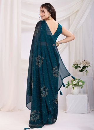 Teal Silk Diamond Work Classic Sari